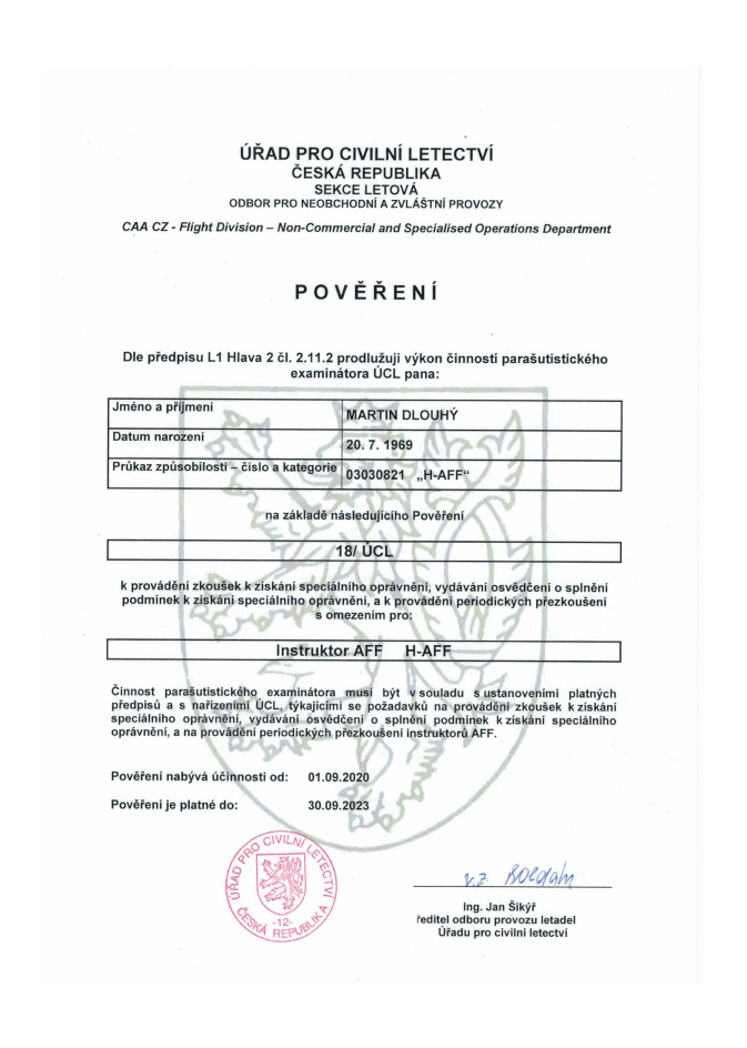 licence k provozování parašutismu