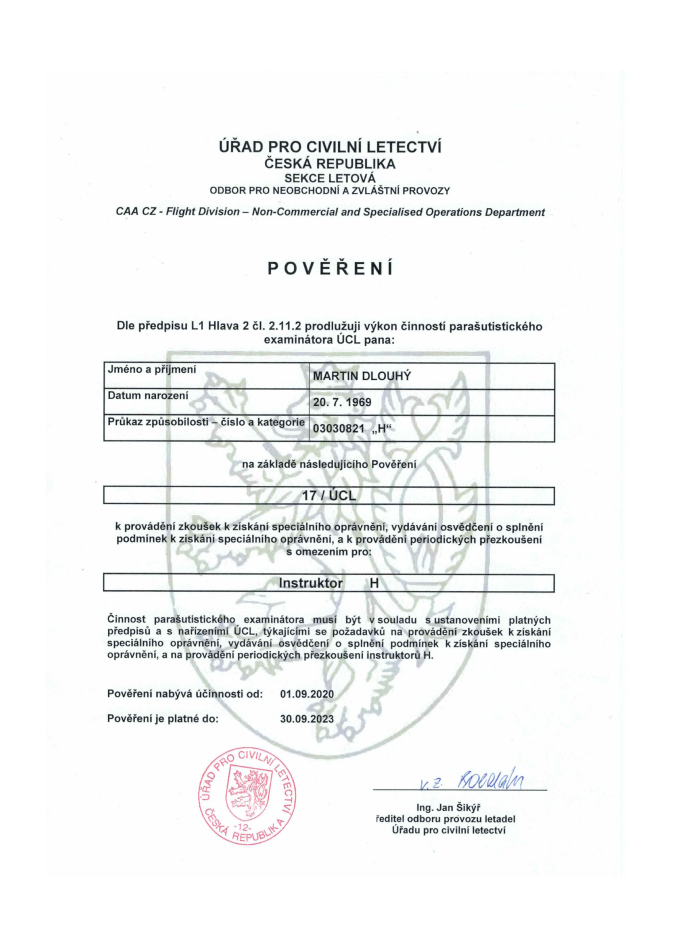 licence k provozování parašutismu