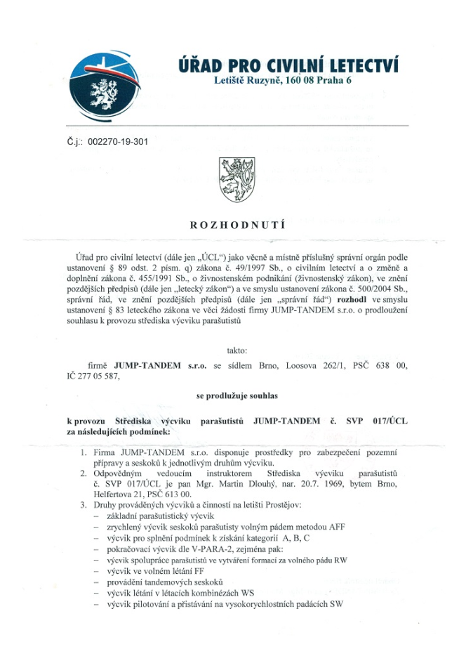 licence k provozování parašutismu