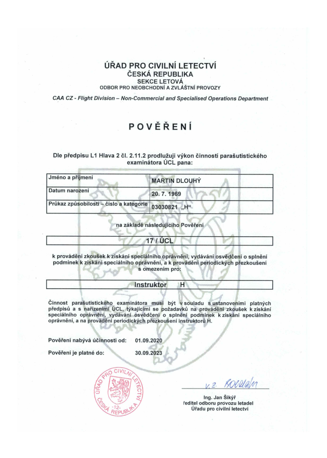 licence k provozování parašutismu