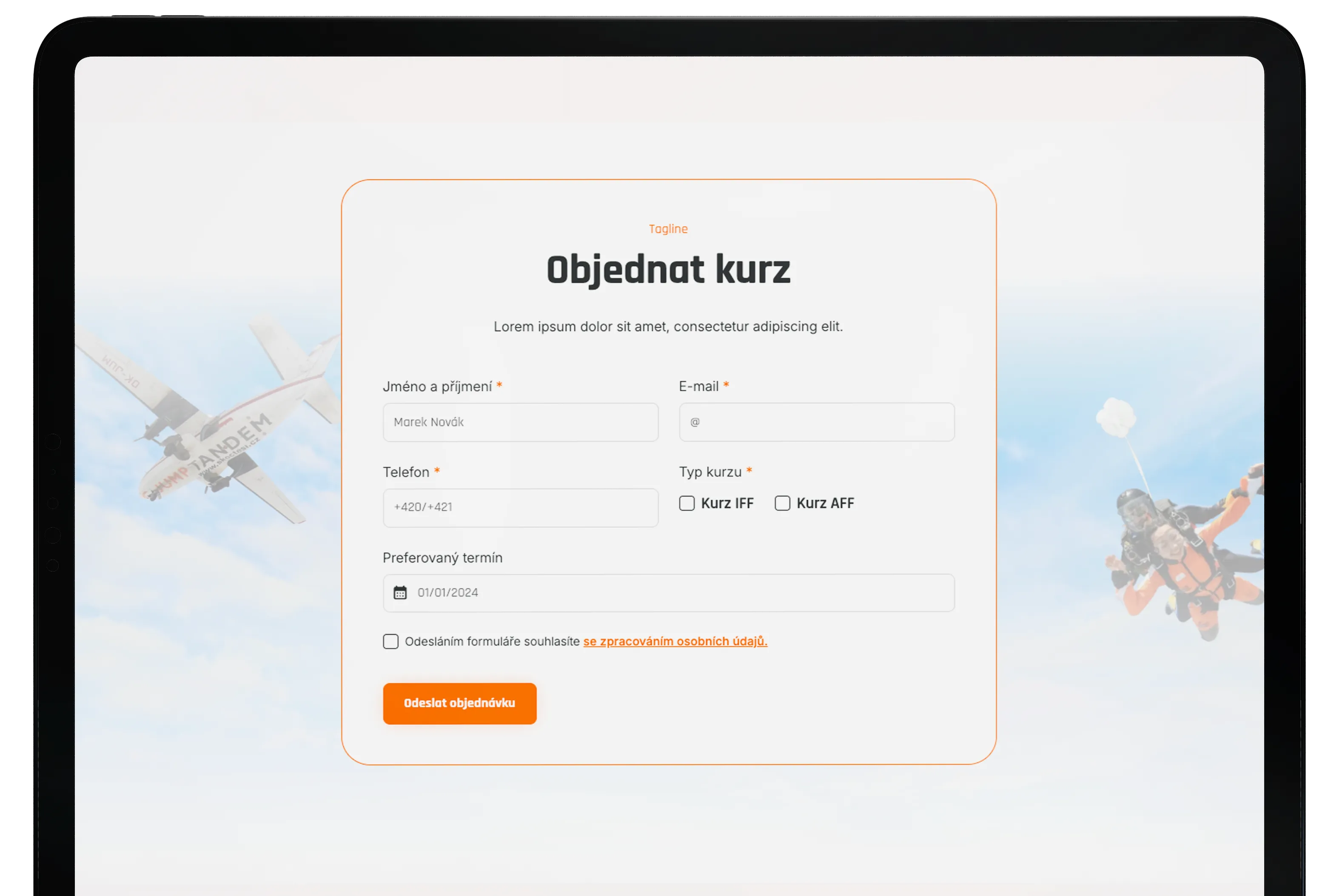 Objednávkový formulář kurzu parašutismu