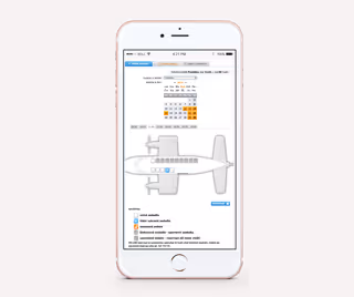 Obrázek obrazovky iPhonu zobrazující aplikaci s diagramem letadla a interaktivním rozvrhem sedadel.